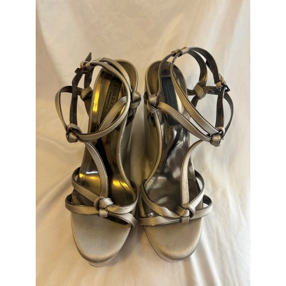 Burberry Prorsum Metallic Silver Strappy Wedge Sandals Platform Grey